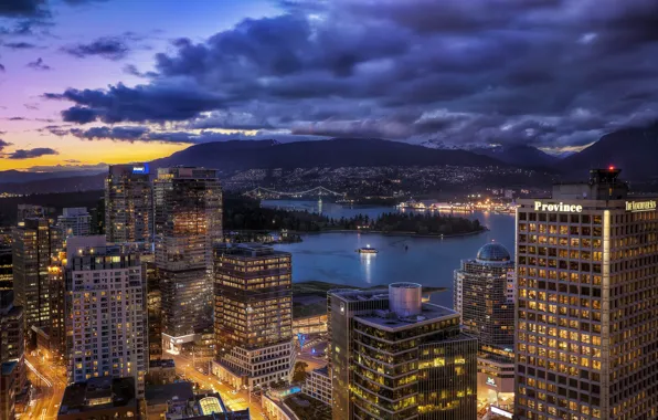 Здания, Канада, панорама, Ванкувер, Canada, ночной город, Vancouver