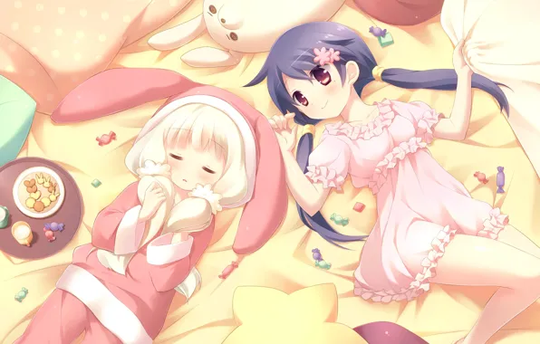 Картинка девушка, игрушка, кровать, аниме, кролик, молоко, печенье, конфеты