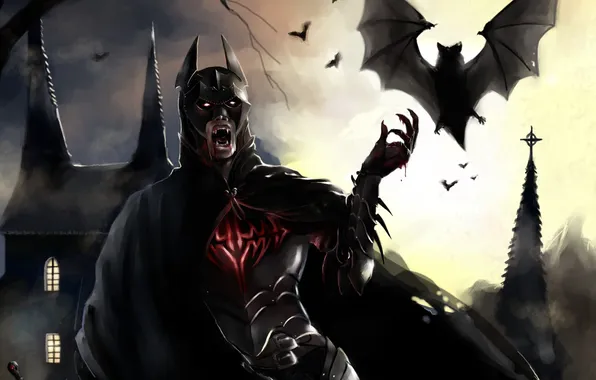 Картинка замок, batman, кровь, бэтмен, арт, костюм, вампир, летучая мышь