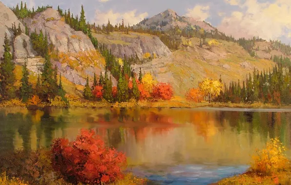 Картинка осень, облака, деревья, пейзаж, природа, озеро, гора, арт