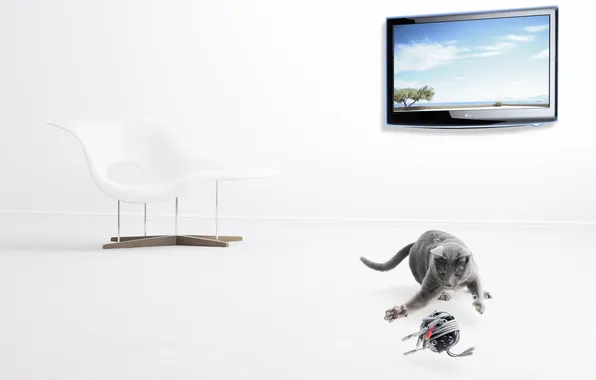 Картинка кот, клубок, провода, кресло, экран, изображение