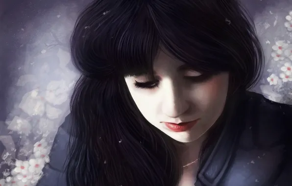 Картинка девушка, снег, цветы, лицо, фон, волосы, арт, живопись