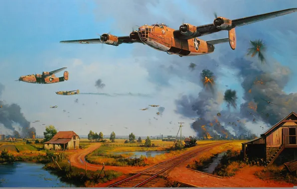 Картинка war, art, painting, ww2, Consolidated B-24 Liberator, avation