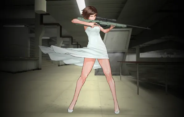 Картинка девушка, ветер, платье, снайпер, прицел, винтовка