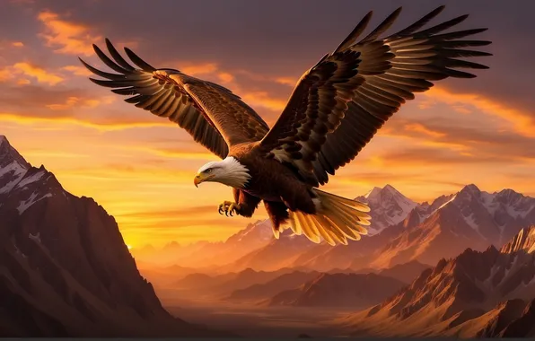 Flying, nature, mountains, birds, eagle, artwork