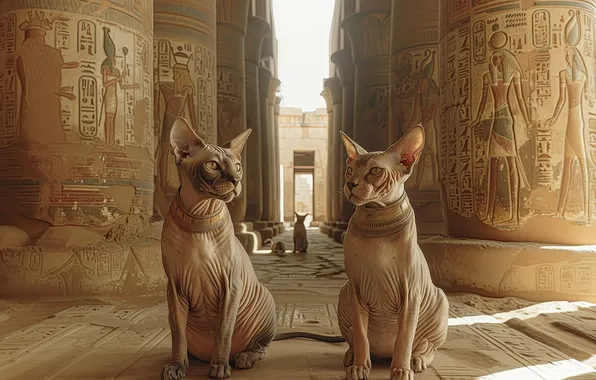 Кошки, развалины, колонны, Египет, сфинксы, нейросеть