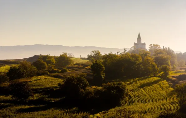 Morning, hills, sunrise, Spain, Cataluña, church, sacred place, Santuari Puig-agut