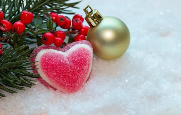 Зима, снег, ягоды, сердце, новый год, шар, рождество, berry