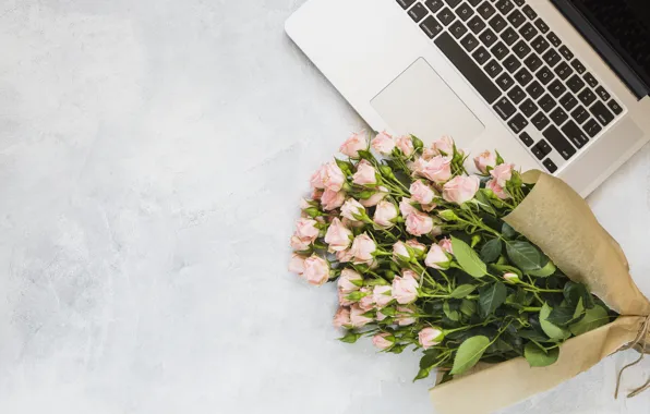 Цветы, розы, букет, ноутбук, розовые, pink, flowers, beautiful