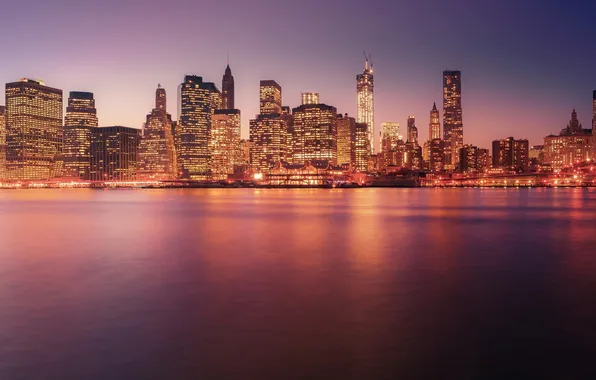 Картинка закат, город, огни, здания, Нью-Йорк, небоскребы, вечер, USA