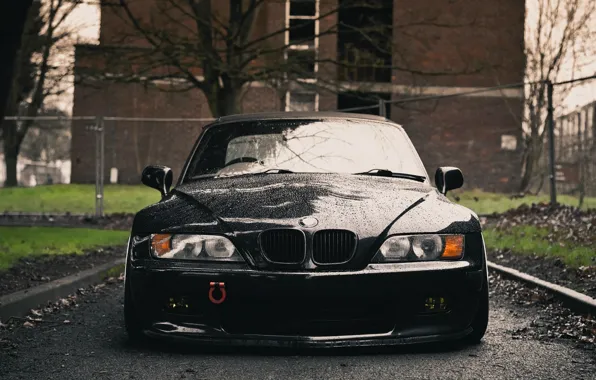 Картинка мокрый, черный, BMW, спереди, передок