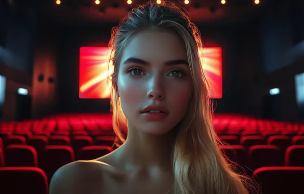 Взгляд, девушка, лицо, портрет, кресла, блондинка, кинотеатр, экран