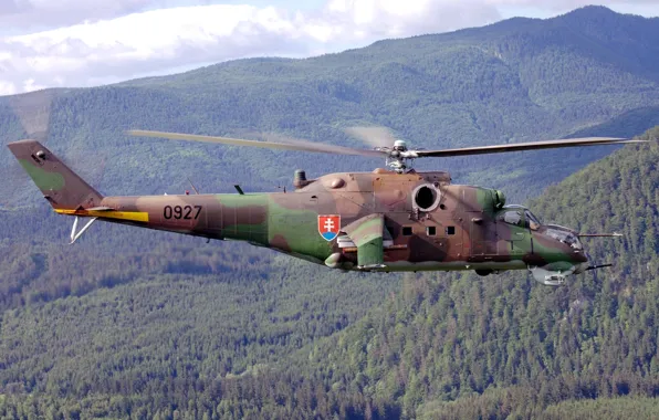 Картинка небо, деревья, горы, вертолёт, Ми-24, советский, транспортно-боевой
