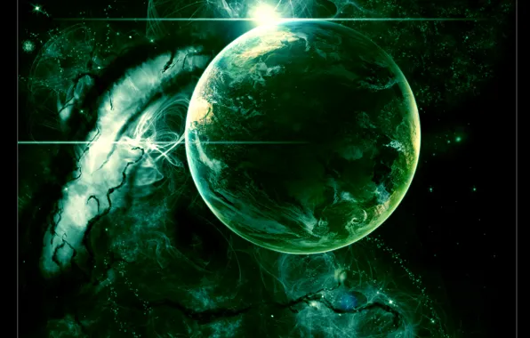 Lights, green, planet, Sci Fi