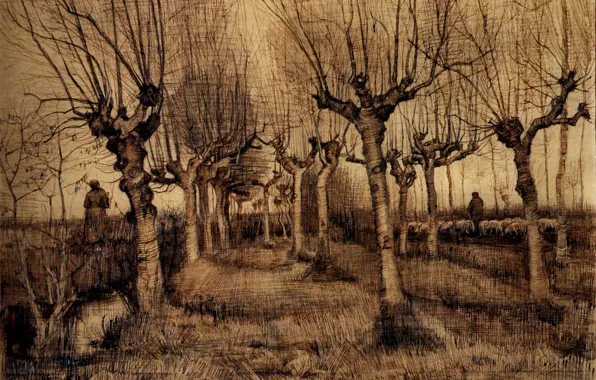 Картинка деревья, пастух, козы, Винсент ван Гог, Pollard Birches