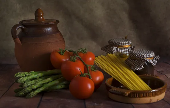 Кувшин, помидоры, спагетти, продукты, спаржа