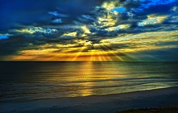 Картинка море, пляж, небо, облака, пейзаж, синий, природа, восход солнца