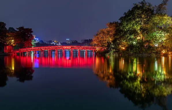 Деревья, ночь, мост, огни, река, дома, Вьетнам, Hanoi