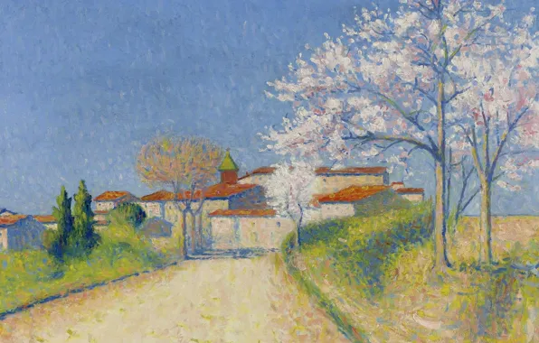 Деревья, пейзаж, дома, картина, весна, цветение, Achille Lauge, Ашиль Ложе