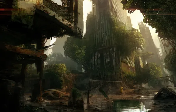 Картинка деревья, город, апокалипсис, болото, руины, crysis 3