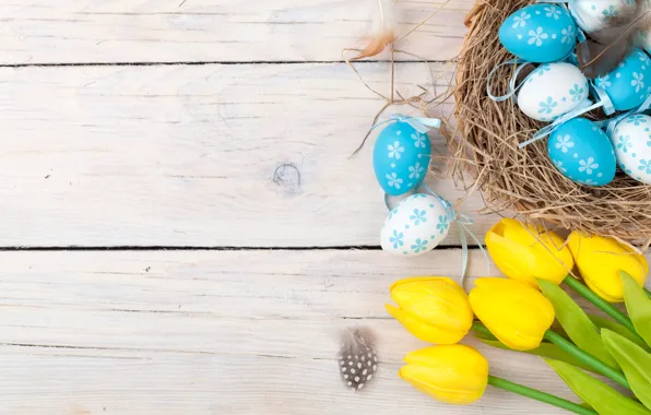 Картинка Пасха, тюльпаны, yellow, wood, tulips, spring, Easter, eggs