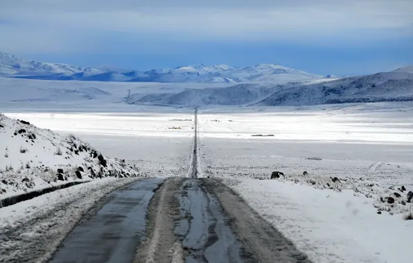 Картинка дорога, поле, снег, пейзаж