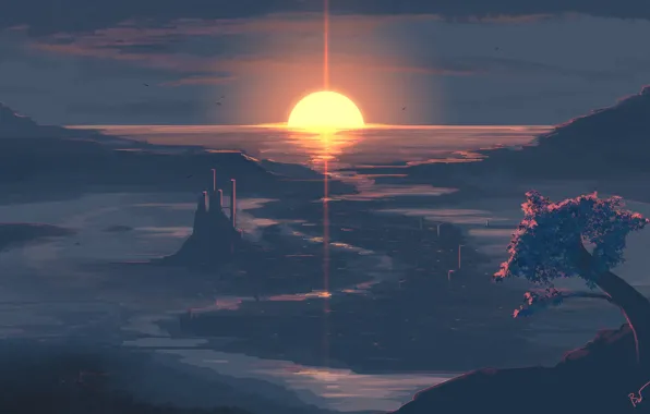 Закат, Солнце, Город, City, Fantasy, Пейзаж, Арт, Блик