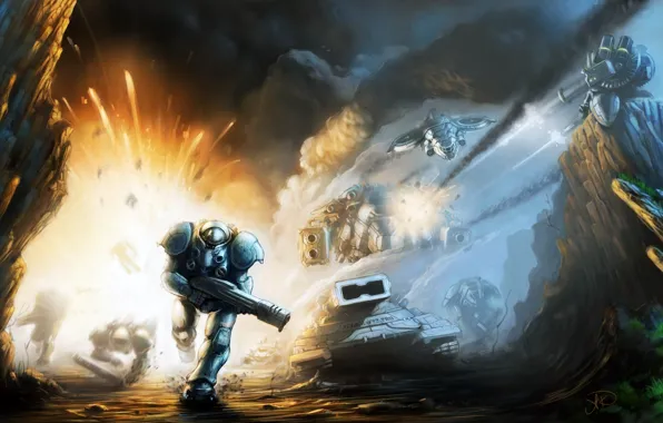 Картинка взрыв, оружие, пушки, Starcraft 2, пехотинец, танки