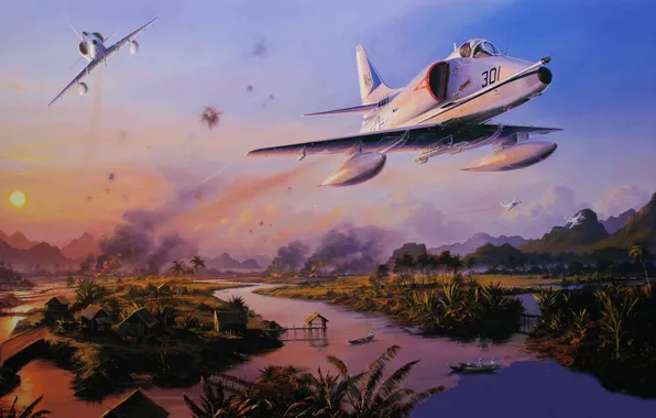 Картинка рисунок, поля, арт, пара, полёт, штурмовик, вьетнам, Douglas