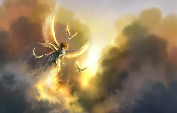 Картинка девушка, облака, полет, птицы, арт, в небе, анегел