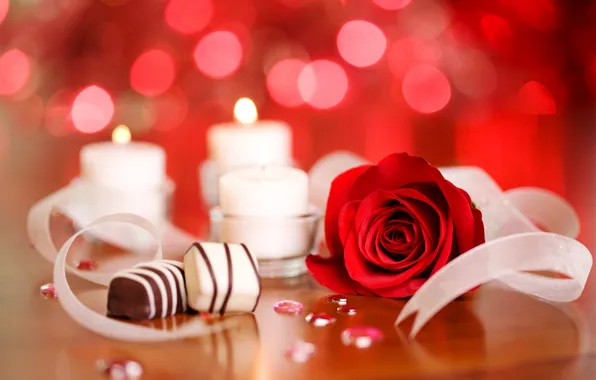 Роза, еда, шоколад, свечи, конфеты, красная, сладкое