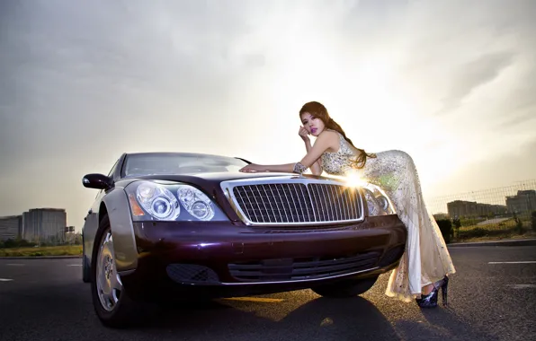 Авто, взгляд, Девушки, азиатка, красивая девушка, позирует над машиной, Mercedes-maybach