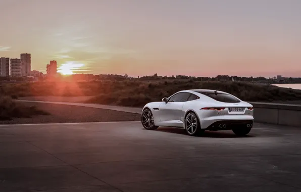 Картинка Jaguar, Car, Coupe, Sunset, White, Sport, Rear, F-Type R