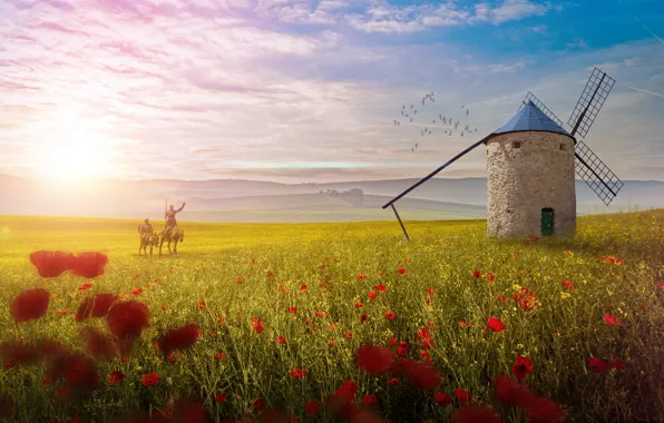 Поле, цветы, маки, мельница, всадники, Дон Кихот, Санчо Панса
