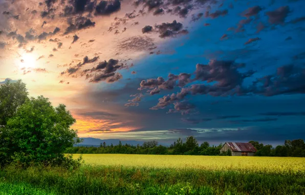 Картинка поле, пейзаж, закат, природа, дом, сарай