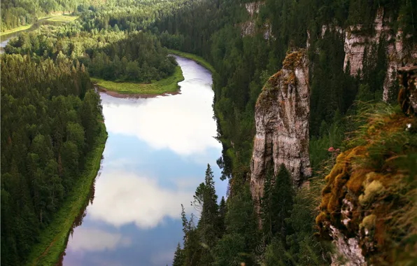 Картинка деревья, река, скалы, Россия, вид сверху, Пермский край, Усьва