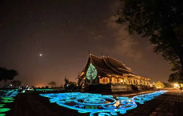 Картинка пейзаж, ночь, звёзды, освещение, Таиланд, храм