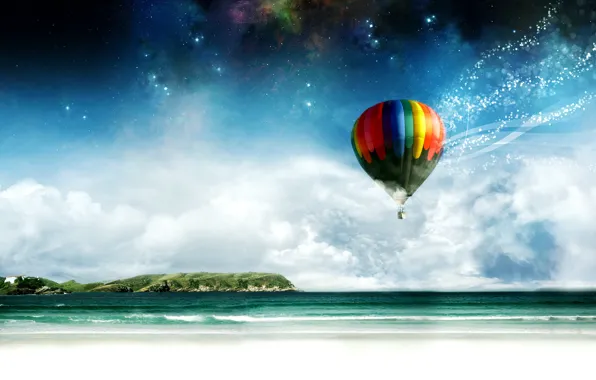 Картинка море, воздушный шар, берег