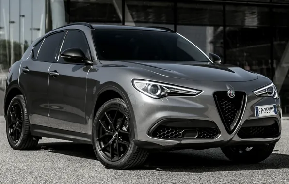 Машина, Alfa Romeo, серая, спереди, колёса, Alfa Romeo Stelvio, Alfa Romeo Stelvio B-Tech