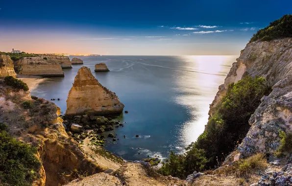 Beach, sky, coast, night, portugal, algarve, atlantic ocean