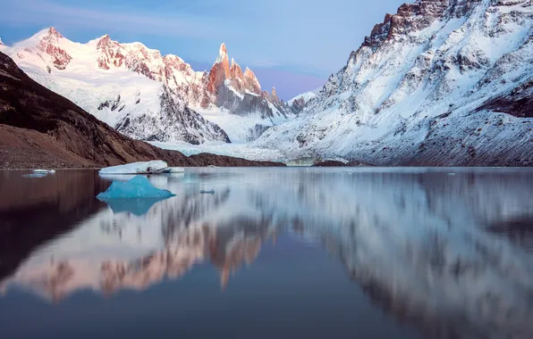 Картинка зима, снег, горы, озеро, отражение
