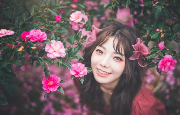 Девушка, Азиатка, Asian girl, Цветы в волосах