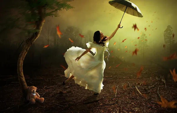 Картинка девушка, ветер, зонт