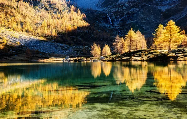 Осень, деревья, закат, горы, озеро, отражение