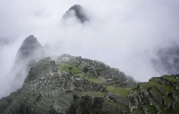 Nature, mountains, clouds, rocks, walls, fog, hills, citadel