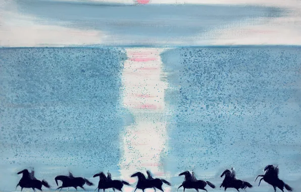 Пейзаж, картина, лошади, Andre Brasilier, Всадники на Пляже