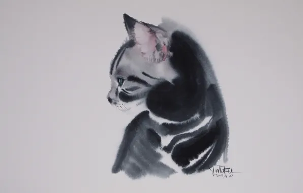 Акварель, серый фон, art, полосатая кошка, Yutaka Murakami