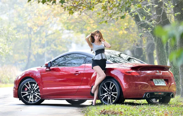 Взгляд, Девушки, Peugeot, азиатка, красивая девушка, красный авто, позирует над машиной