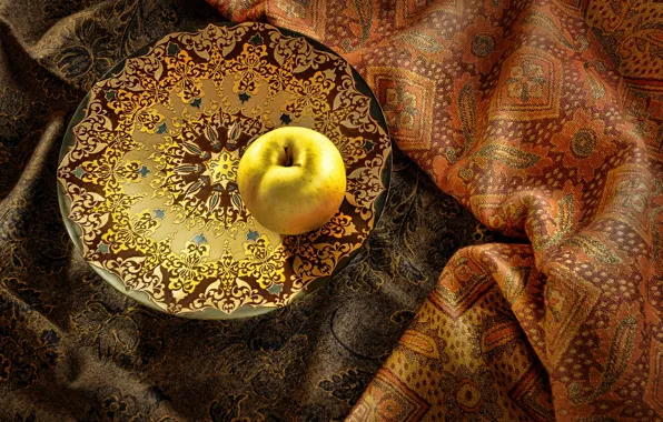 Картинка тарелка, натюрморт, ткани, яболоко