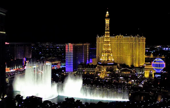 Картинка свет, ночь, озеро, Лас-Вегас, США, отель, казино, фонтан Белладжио